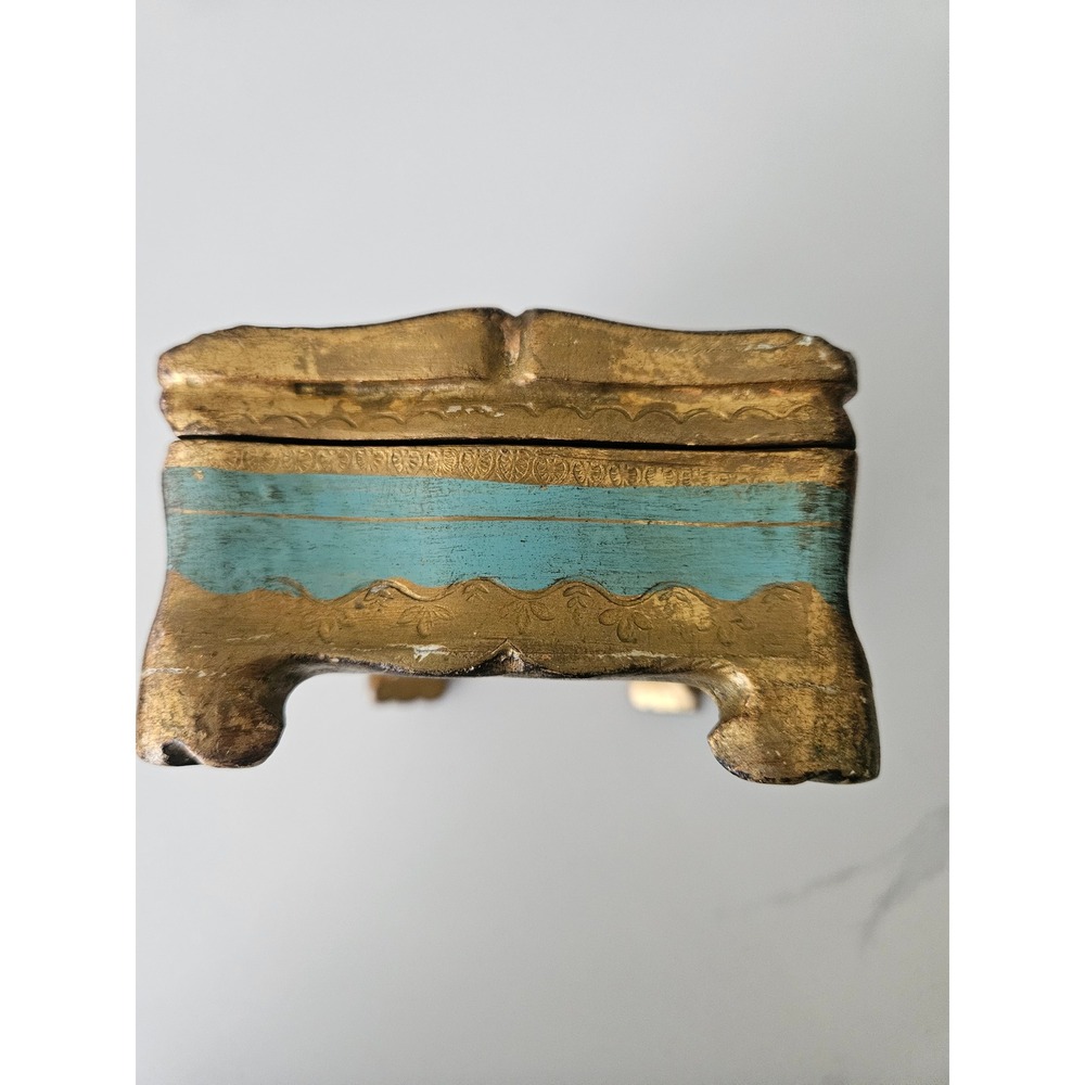 Florentine Jewelry Box Women OS Turquoise Gold Good Italian Wood Gilt Footed VTG - Picture 4 of 8